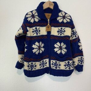 Canadian Sweater Company Cowichan Snowflake Blue Wool Zip Up Sweater Kids Medium